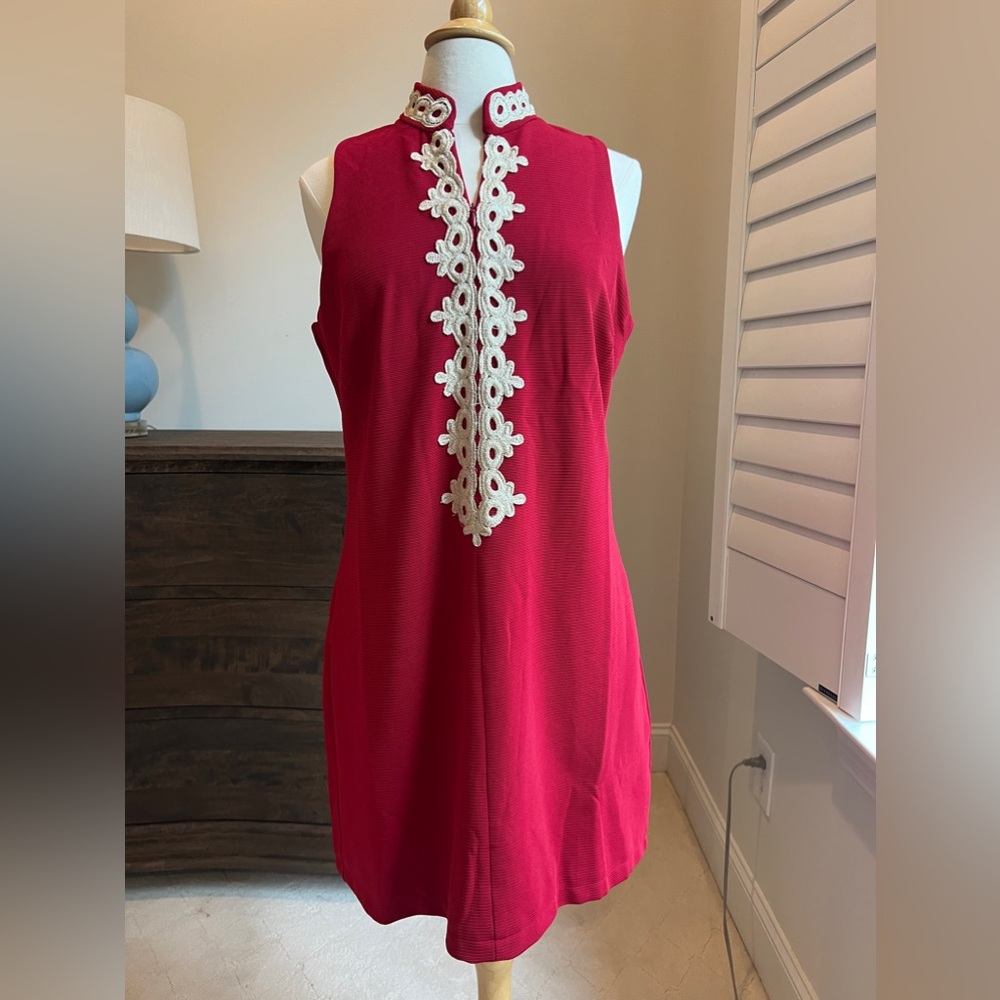 Womens Crimson Sleeveless Shift Dress with Embroidered, Gold Detailing by Aryeh